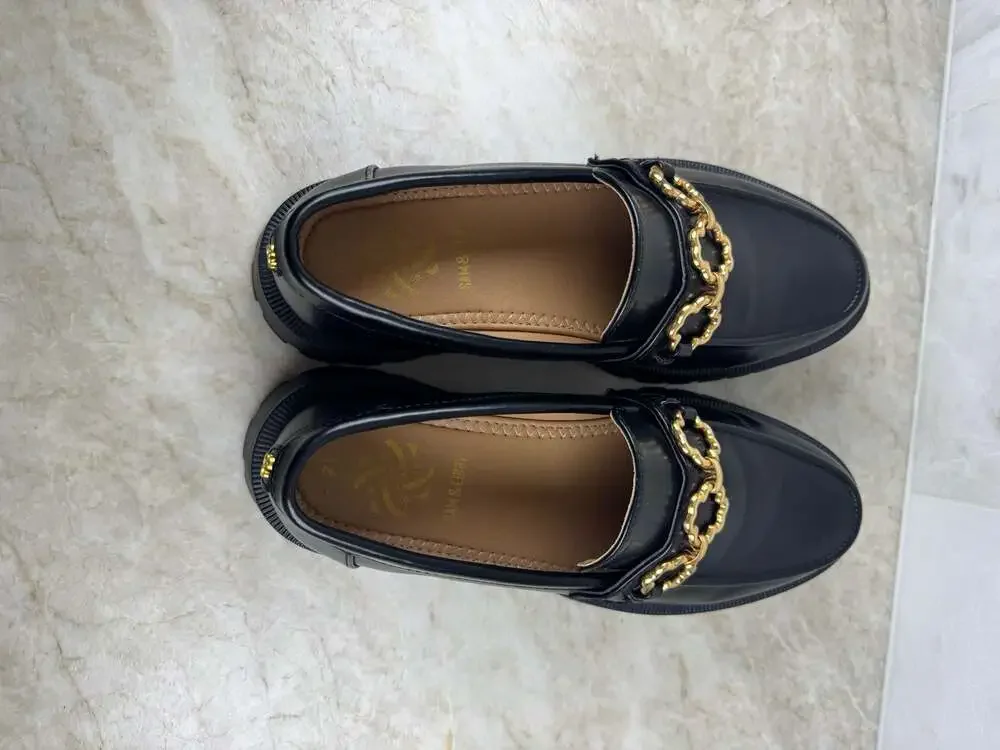 Sam & Libby Black Loafers with Gold Chain Detail